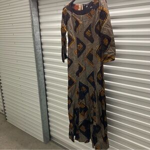 Stylish Long Sleeve Abstract Print Maxi Dress - Black & Mustard
